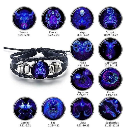"CELESTIAL GUARDIAN – Zodiac Prayer Bracelet in Black Leather & Alloy