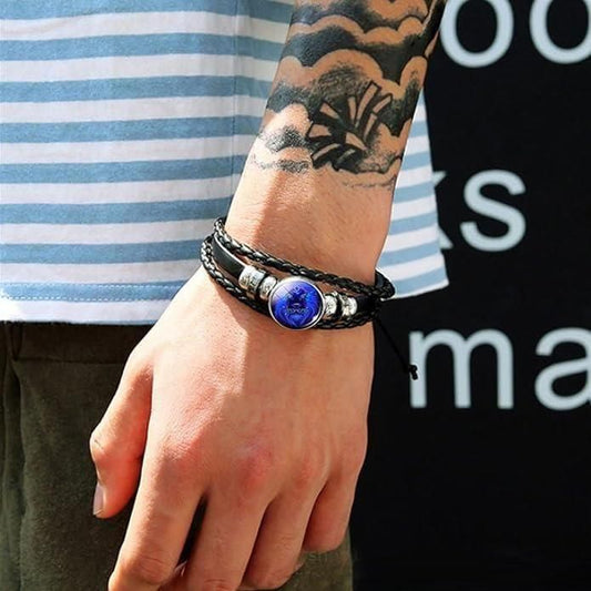 "CELESTIAL GUARDIAN – Zodiac Prayer Bracelet in Black Leather & Alloy