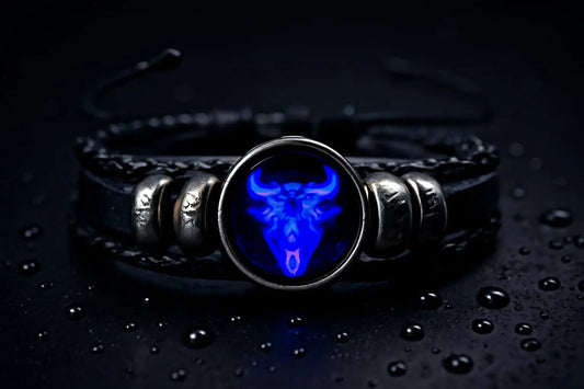 "CELESTIAL GUARDIAN – Zodiac Prayer Bracelet in Black Leather & Alloy