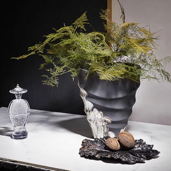 Decorative Vase With Ink-wash Elements And A Wide Mouth