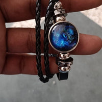 "CELESTIAL GUARDIAN – Zodiac Prayer Bracelet in Black Leather & Alloy