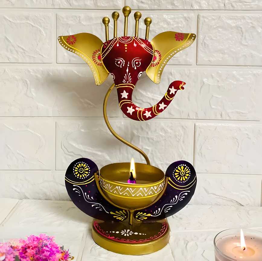DEVAYAN – Artisanal Ganesha Tealight Holder in Antique Finial Meta