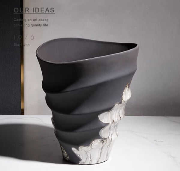 Decorative Vase With Ink-wash Elements And A Wide Mouth