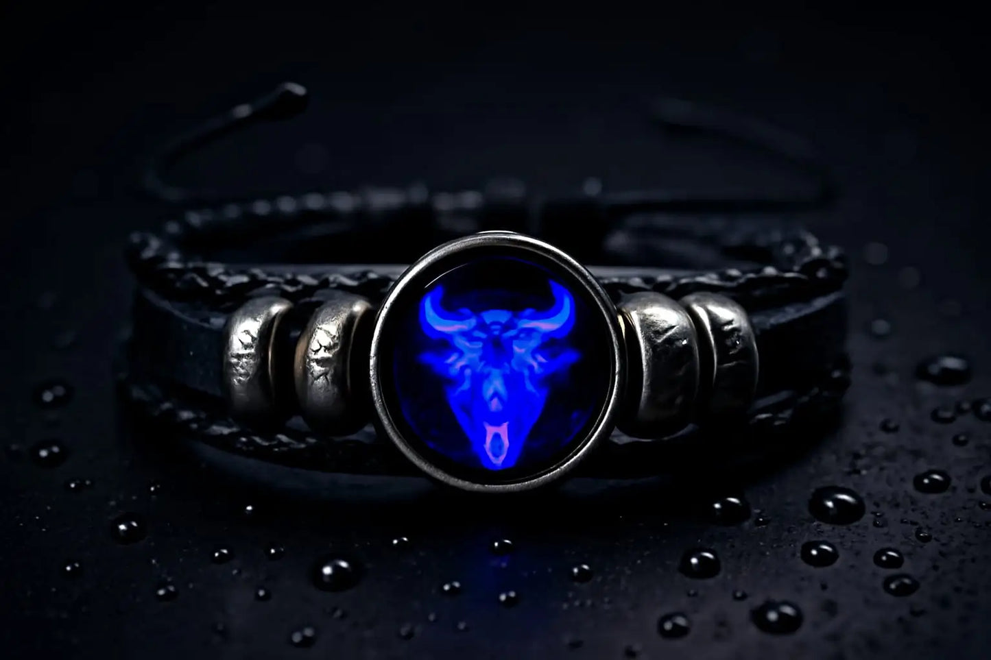 "CELESTIAL GUARDIAN – Zodiac Prayer Bracelet in Black Leather & Alloy