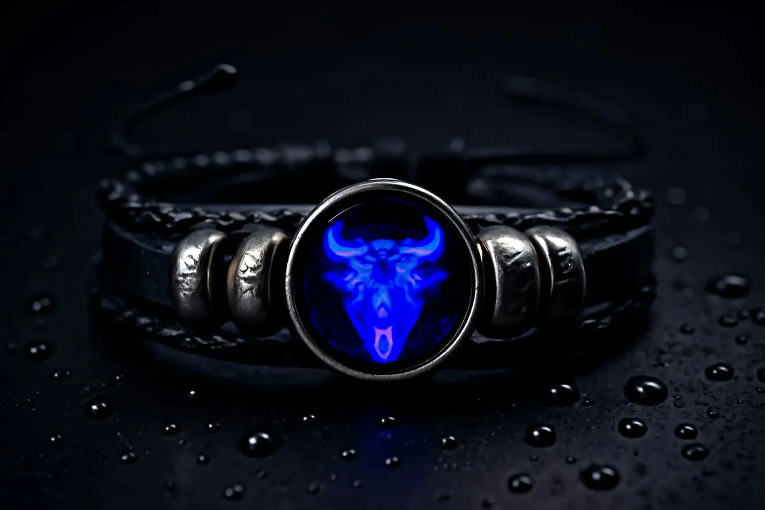 "CELESTIAL GUARDIAN – Zodiac Prayer Bracelet in Black Leather & Alloy
