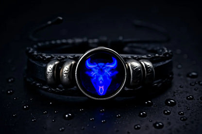 "CELESTIAL GUARDIAN – Zodiac Prayer Bracelet in Black Leather & Alloy